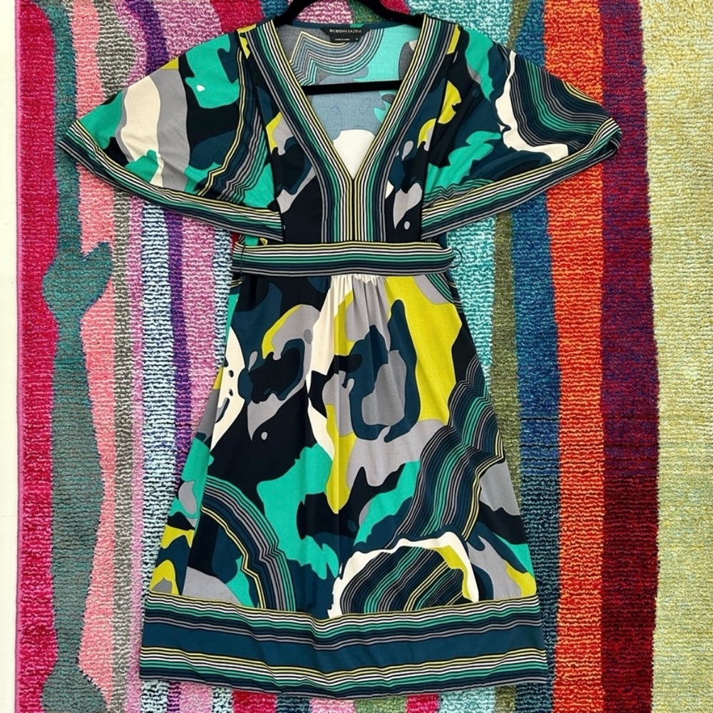 BCBGMAXAZRIA Green Abstract Print A Line Short Sleeve Dress Small